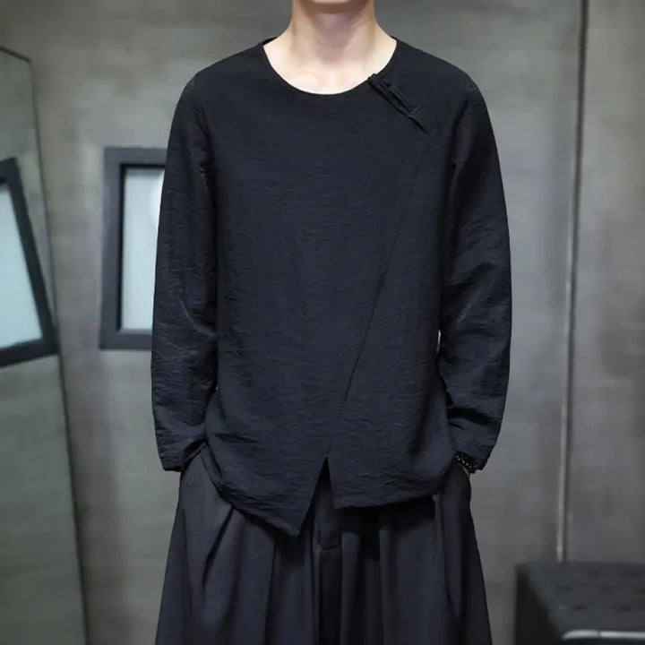 Buddha Stones Solid Color Loose Long Sleeve Round Neck Men’s Shirts - Black / US/UK/AU32，EU42 (M) - Men’s Shirts