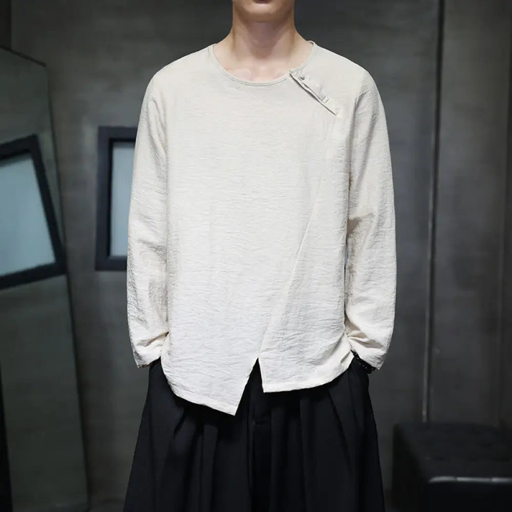 Buddha Stones Solid Color Loose Long Sleeve Round Neck Men’s Shirts - LemonChiffon / US/UK/AU32，EU42 (M) - Men’s Shirts