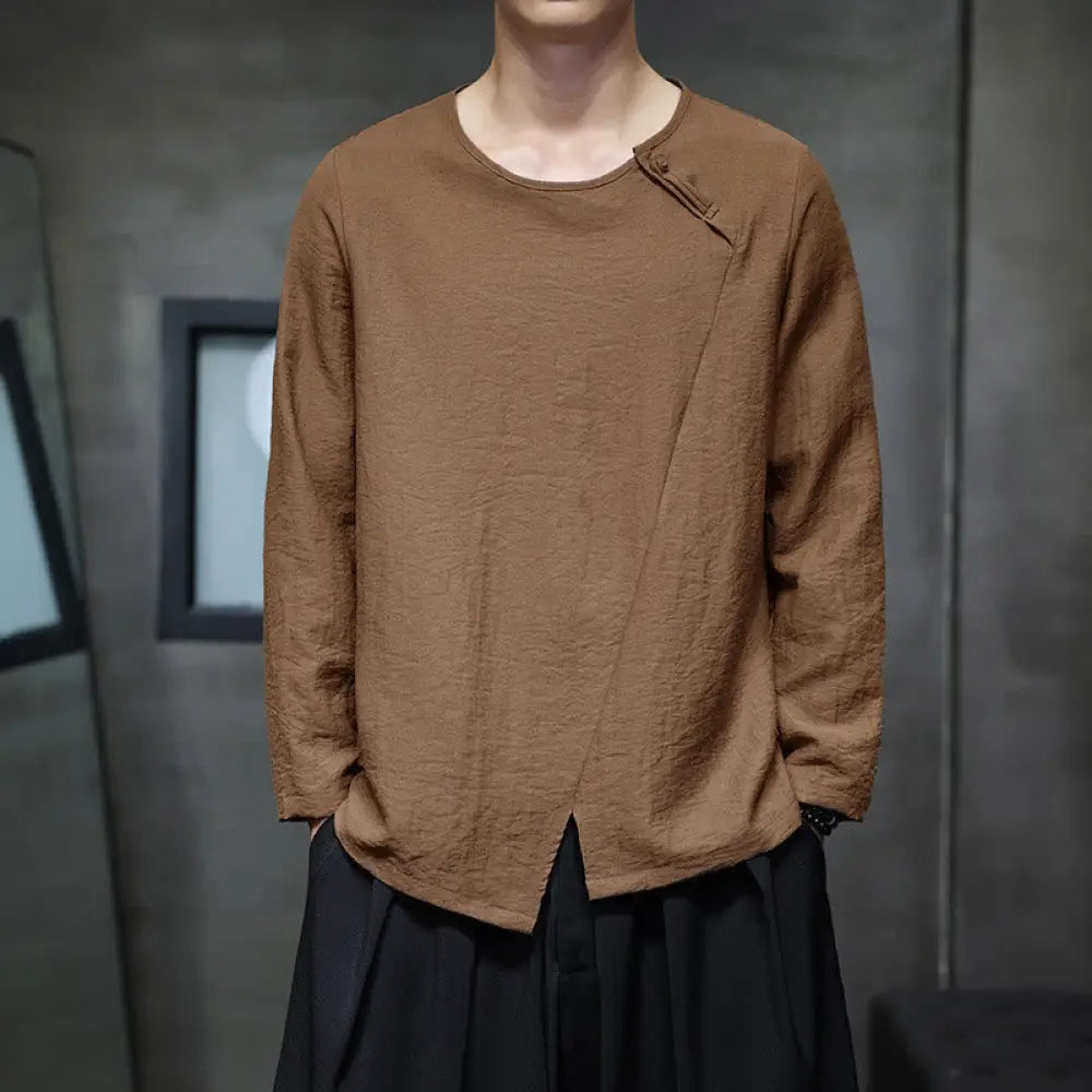 Buddha Stones Solid Color Loose Long Sleeve Round Neck Men’s Shirts - Peru / US/UK/AU32，EU42 (M) - Men’s Shirts