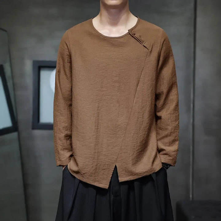 Buddha Stones Solid Color Loose Long Sleeve Round Neck Men’s Shirts - Peru / US/UK/AU32，EU42 (M) - Men’s Shirts