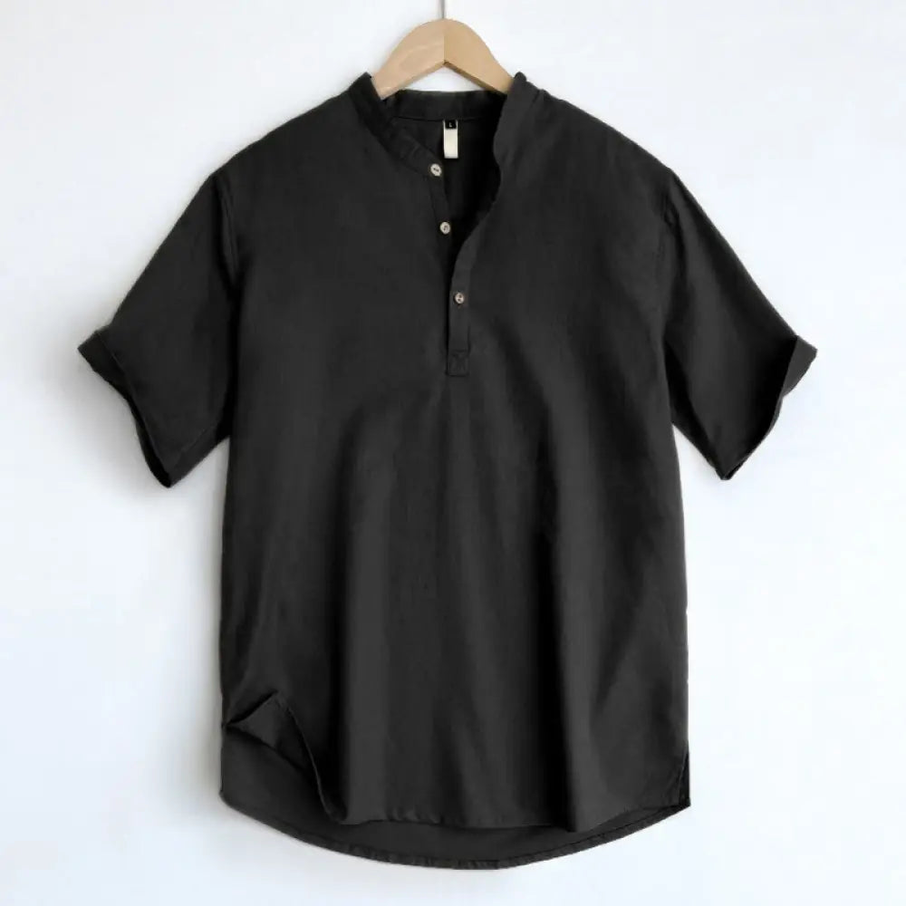 Buddha Stones Solid Color Men Short Sleeve Button Linen Shirt - Black / US/UK/AU36，EU46 (L) - Men’s Shirts