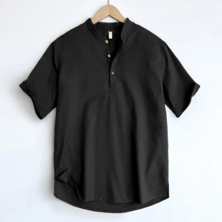 Buddha Stones Solid Color Men Short Sleeve Button Linen Shirt - Black / US/UK/AU36，EU46 (L) - Men’s Shirts