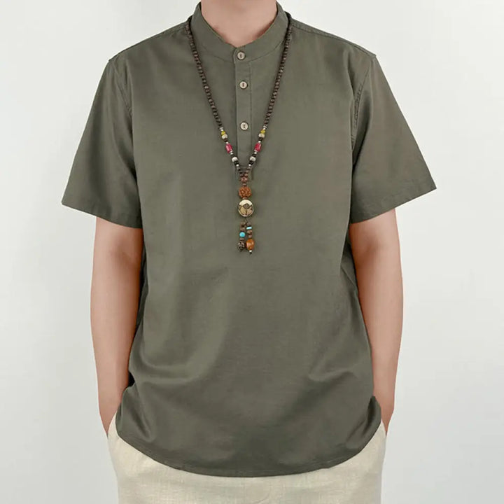 BWOOOH Solid Color Men Short Sleeve Button Linen Shirt