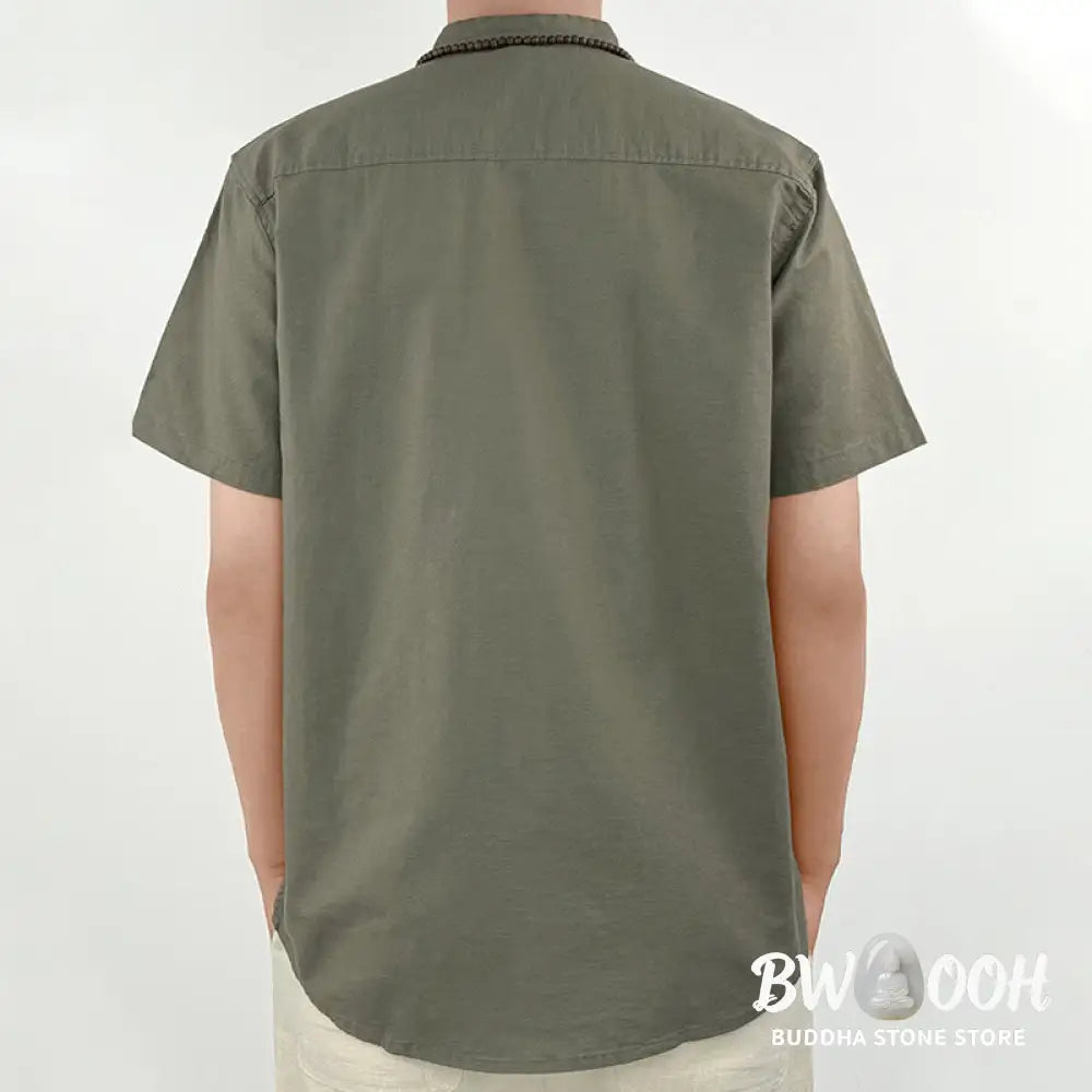 Buddha Stones Solid Color Men Short Sleeve Button Linen Shirt - Men’s Shirts