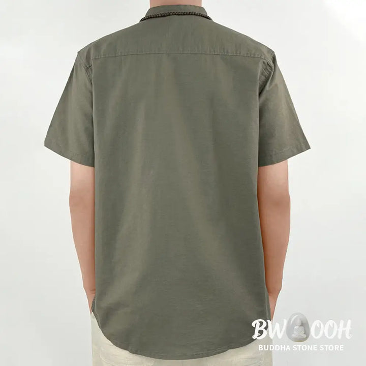 Buddha Stones Solid Color Men Short Sleeve Button Linen Shirt - Men’s Shirts
