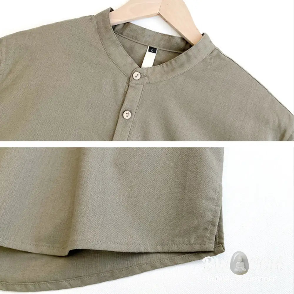 Buddha Stones Solid Color Men Short Sleeve Button Linen Shirt - Men’s Shirts