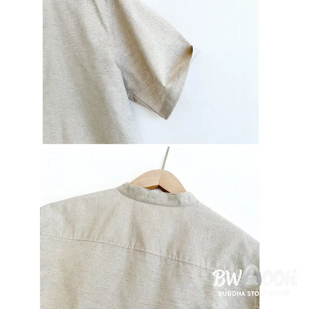 Buddha Stones Solid Color Men Short Sleeve Button Linen Shirt - Men’s Shirts