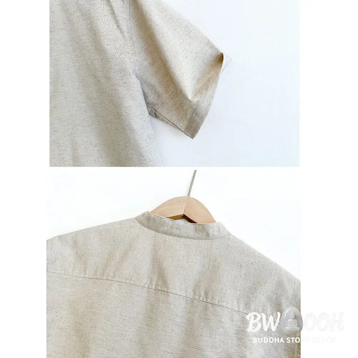 Buddha Stones Solid Color Men Short Sleeve Button Linen Shirt - Men’s Shirts