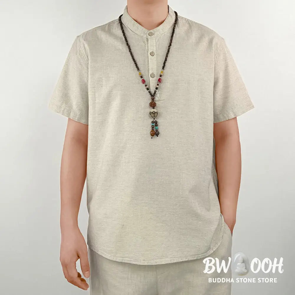 Buddha Stones Solid Color Men Short Sleeve Button Linen Shirt - Men’s Shirts