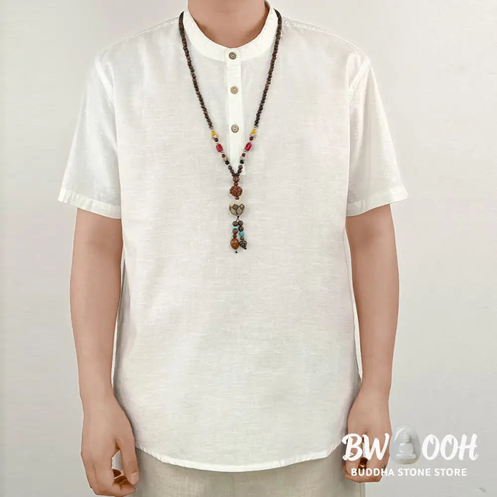 Buddha Stones Solid Color Men Short Sleeve Button Linen Shirt - Men’s Shirts