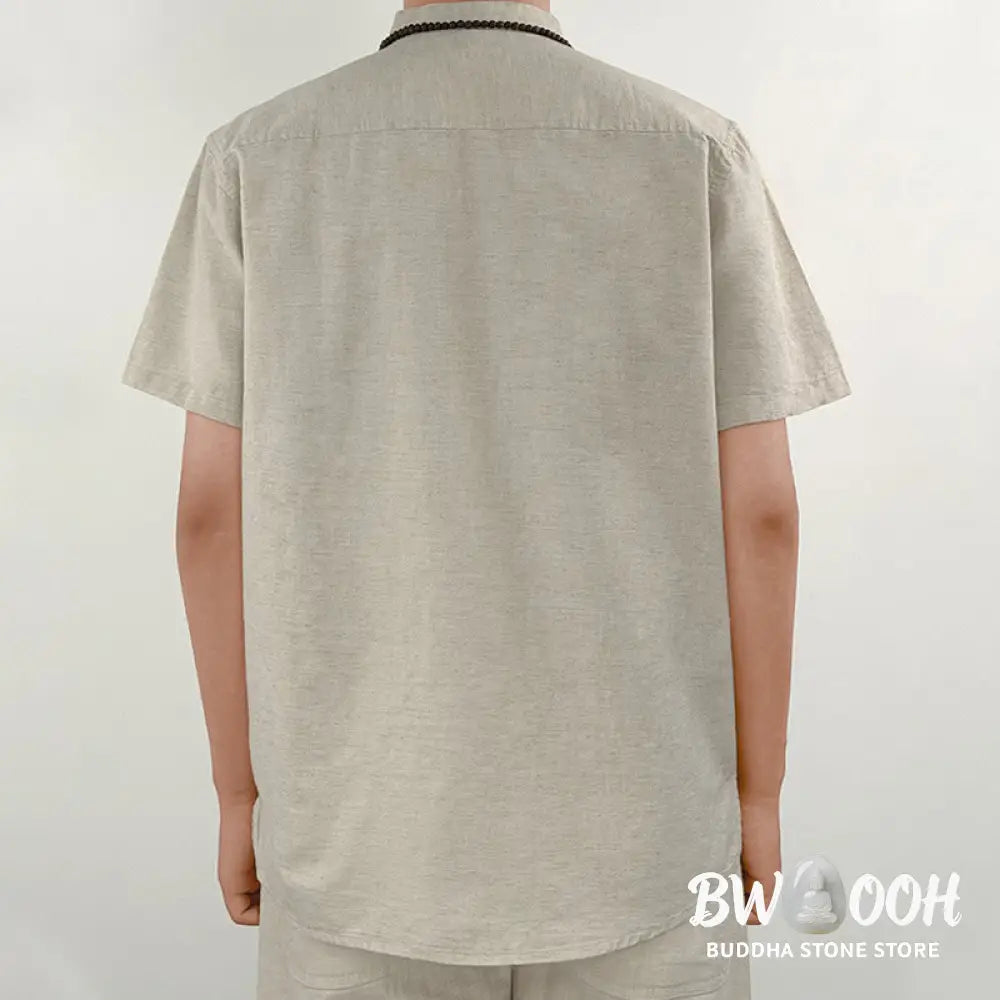 Buddha Stones Solid Color Men Short Sleeve Button Linen Shirt - Men’s Shirts