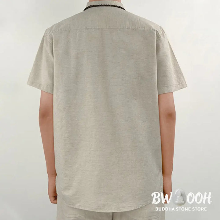 Buddha Stones Solid Color Men Short Sleeve Button Linen Shirt - Men’s Shirts