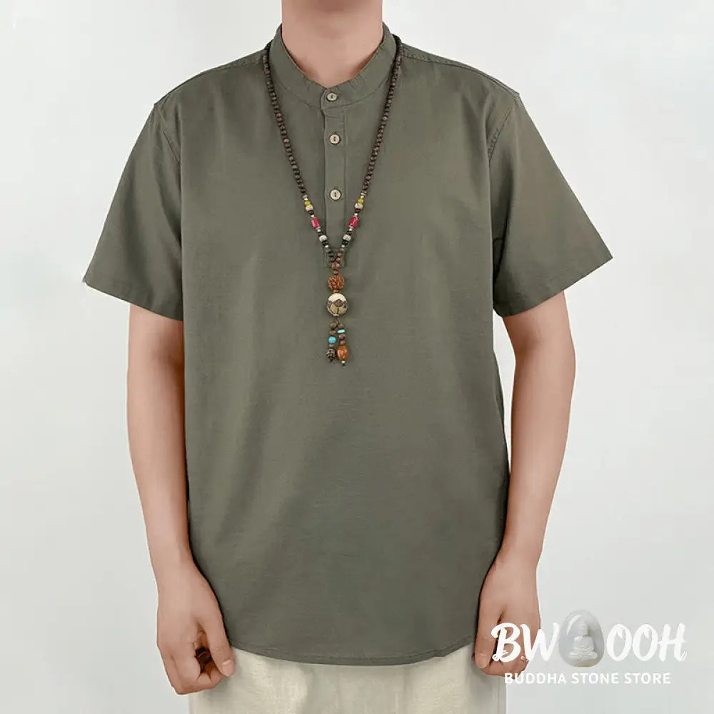 Buddha Stones Solid Color Men Short Sleeve Button Linen Shirt - Men’s Shirts