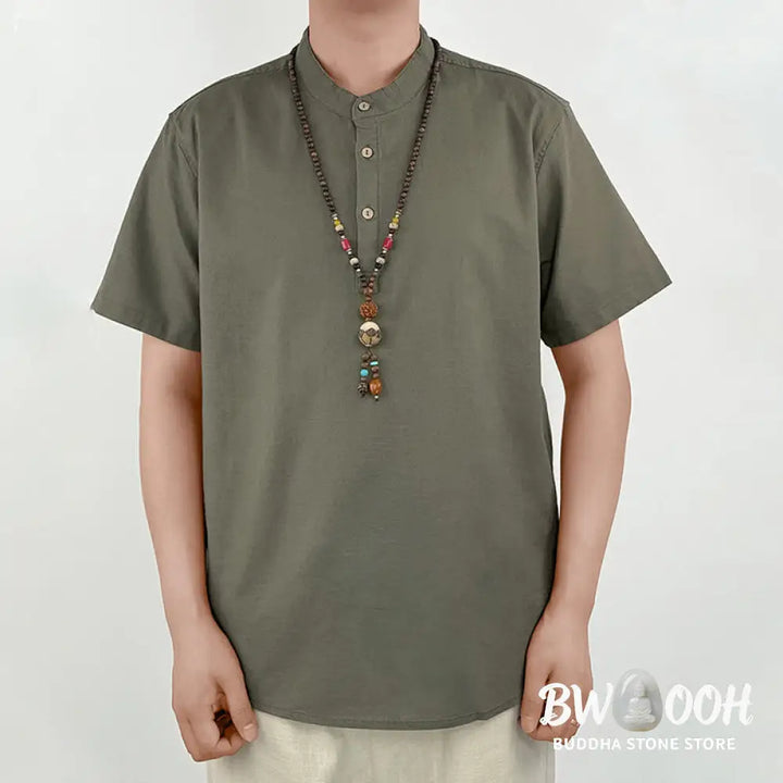 Buddha Stones Solid Color Men Short Sleeve Button Linen Shirt - Men’s Shirts