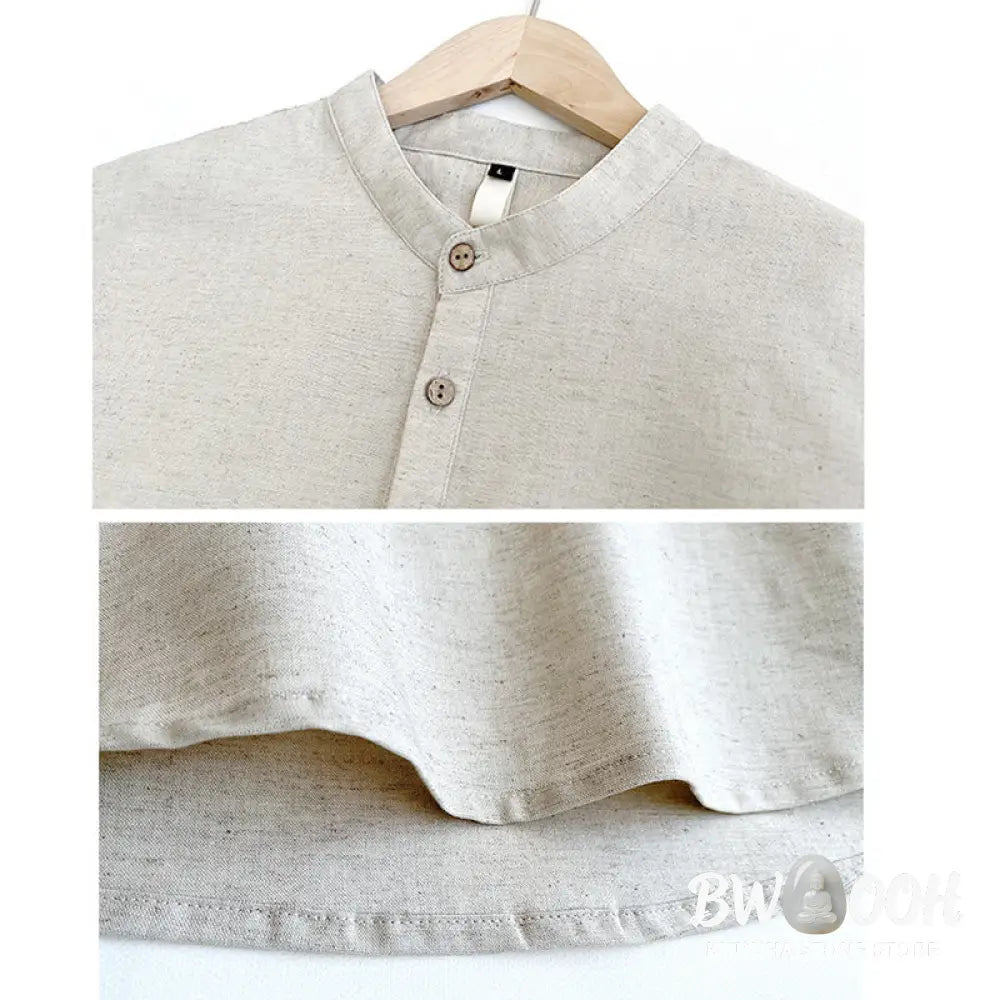 Buddha Stones Solid Color Men Short Sleeve Button Linen Shirt - Men’s Shirts