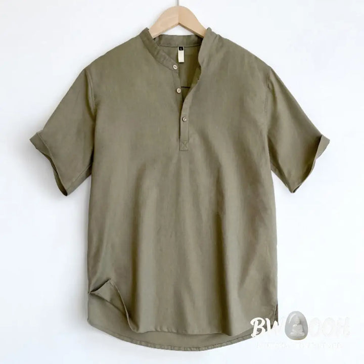 Buddha Stones Solid Color Men Short Sleeve Button Linen Shirt - Men’s Shirts