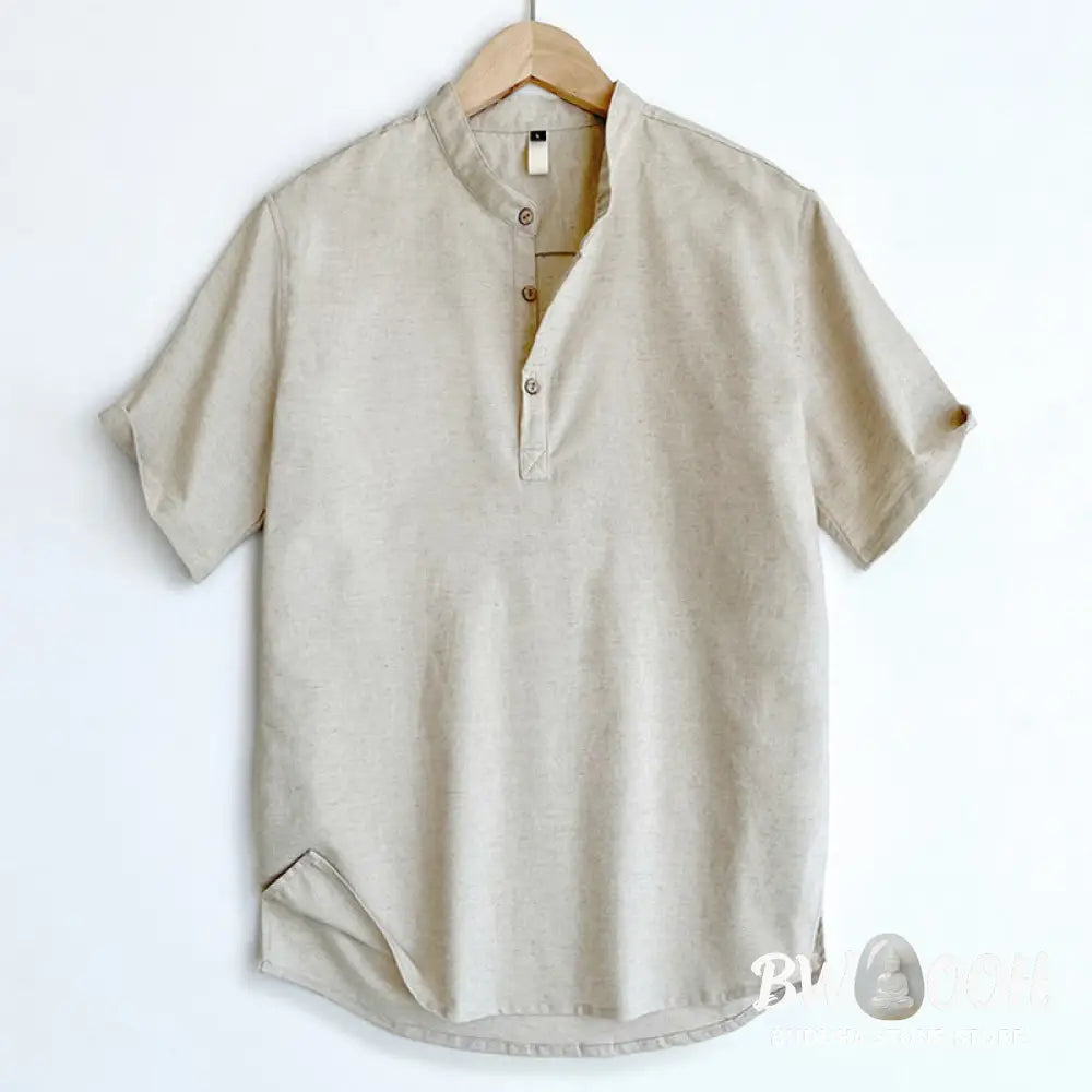 Buddha Stones Solid Color Men Short Sleeve Button Linen Shirt - Men’s Shirts