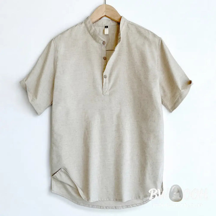 Buddha Stones Solid Color Men Short Sleeve Button Linen Shirt - Men’s Shirts