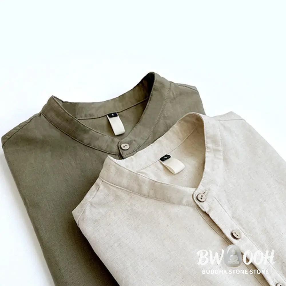 Buddha Stones Solid Color Men Short Sleeve Button Linen Shirt - Men’s Shirts