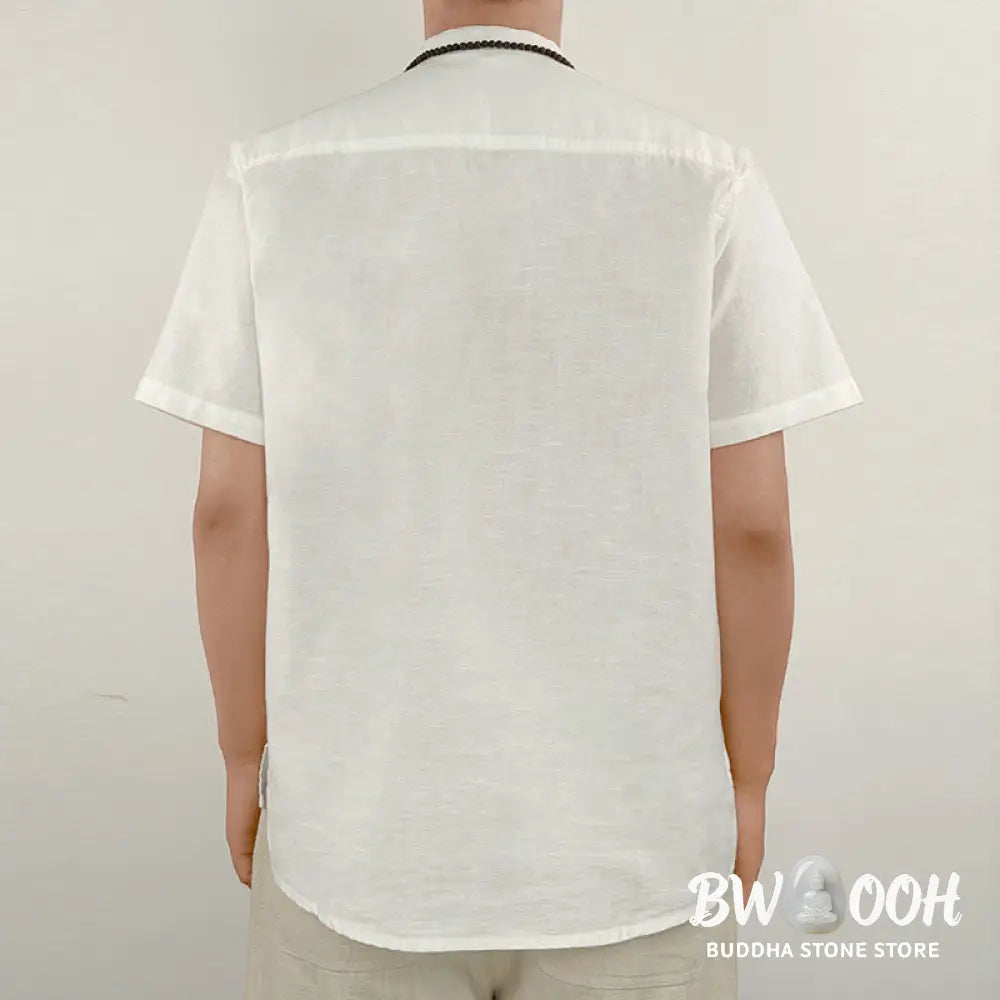 Buddha Stones Solid Color Men Short Sleeve Button Linen Shirt - Men’s Shirts