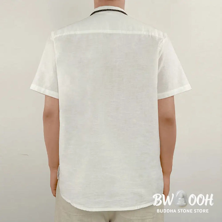 Buddha Stones Solid Color Men Short Sleeve Button Linen Shirt - Men’s Shirts