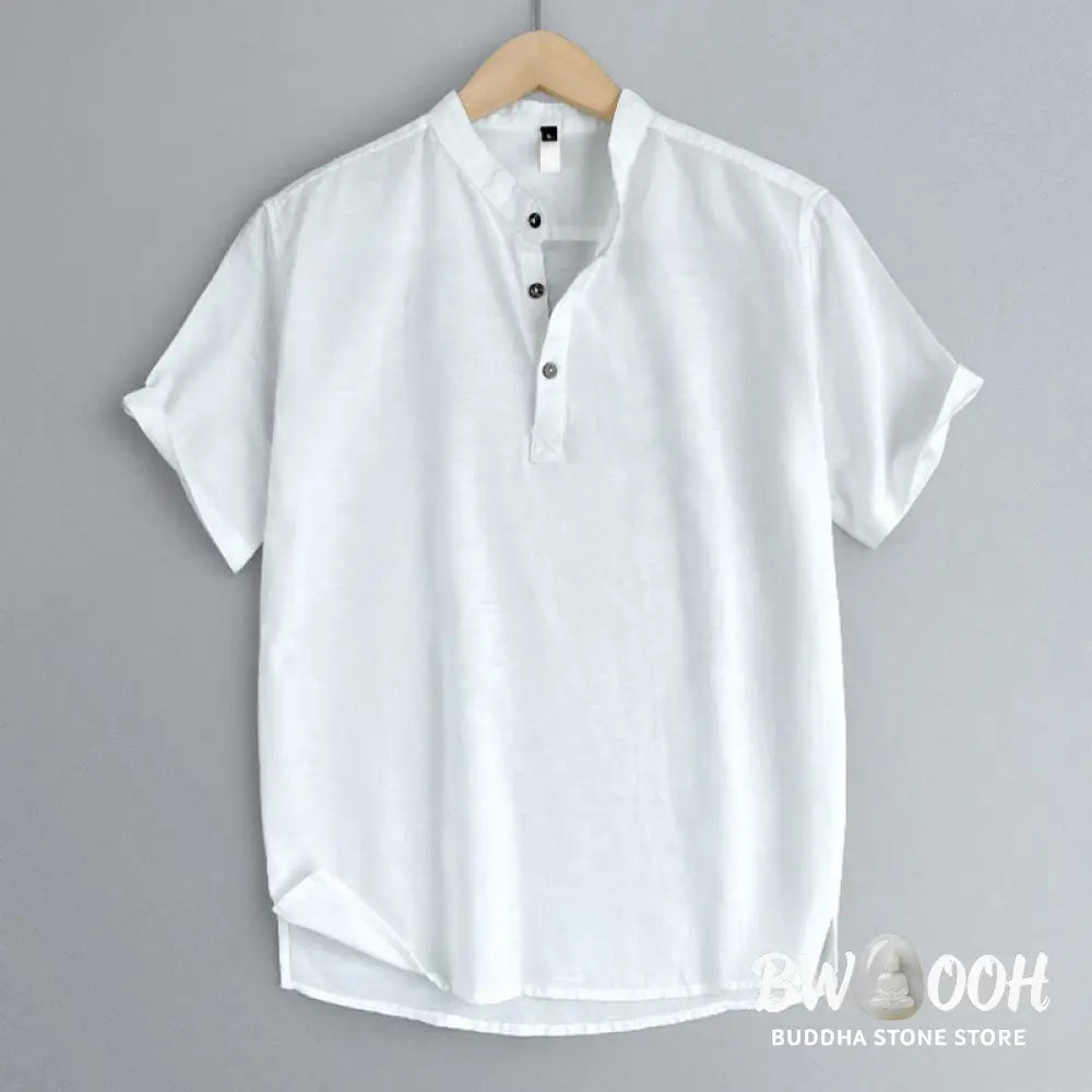 Buddha Stones Solid Color Men Short Sleeve Button Linen Shirt - Men’s Shirts
