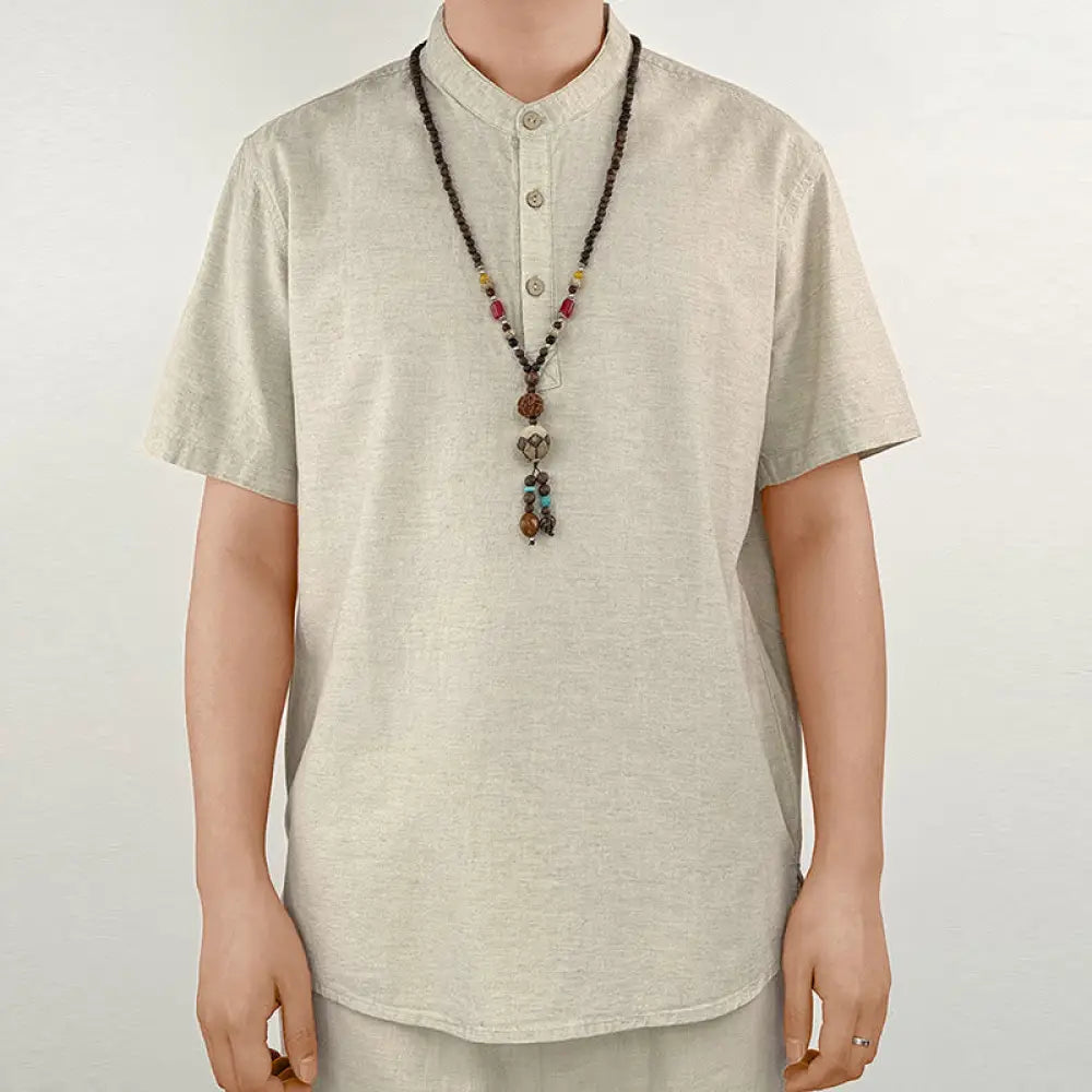 Buddha Stones Solid Color Men Short Sleeve Button Linen Shirt - Linen / US/UK/AU36，EU46 (L) - Men’s Shirts