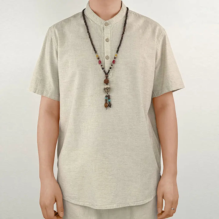 Buddha Stones Solid Color Men Short Sleeve Button Linen Shirt - Linen / US/UK/AU36，EU46 (L) - Men’s Shirts