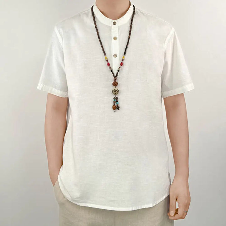 Buddha Stones Solid Color Men Short Sleeve Button Linen Shirt - White / US/UK/AU36，EU46 (L) - Men’s Shirts