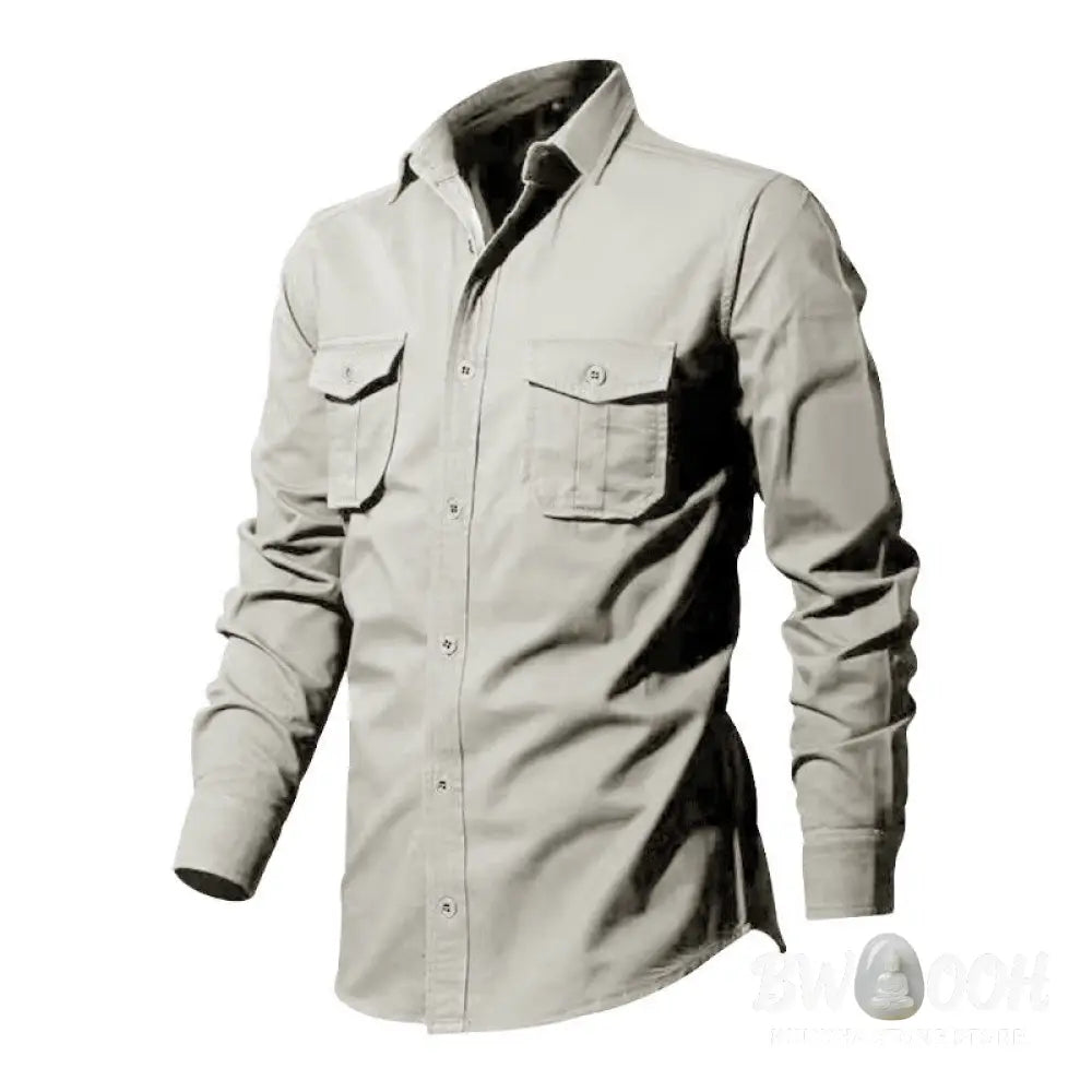 Buddha Stones Solid Color Men’s Stand Collar Long Sleeve Shirt With Pockets - Men’s Shirts