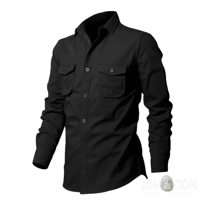 Buddha Stones Solid Color Men’s Stand Collar Long Sleeve Shirt With Pockets - Men’s Shirts