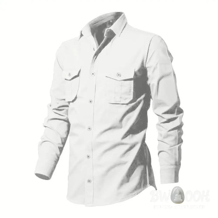 Buddha Stones Solid Color Men’s Stand Collar Long Sleeve Shirt With Pockets - Men’s Shirts