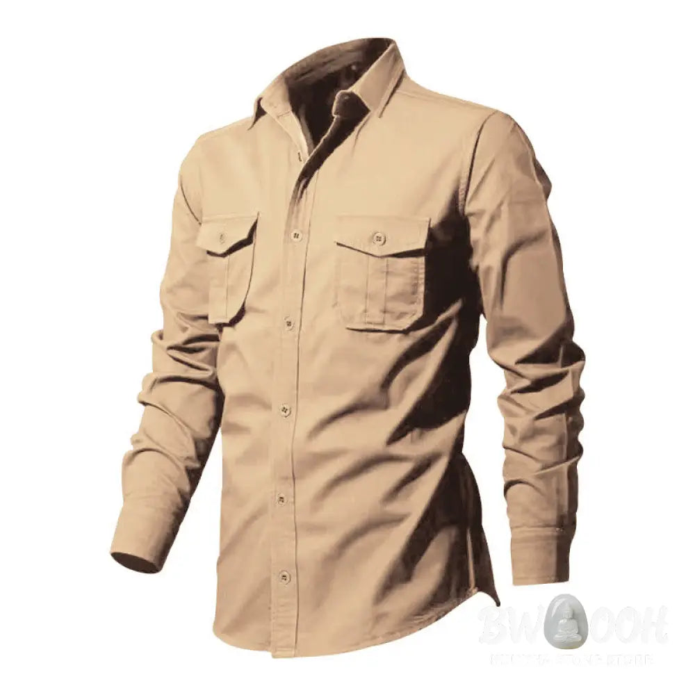 Buddha Stones Solid Color Men’s Stand Collar Long Sleeve Shirt With Pockets - Men’s Shirts