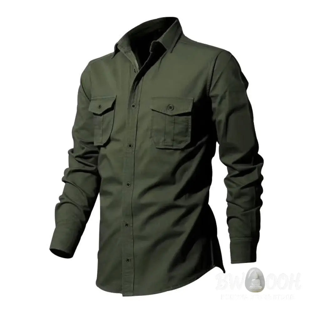 Buddha Stones Solid Color Men’s Stand Collar Long Sleeve Shirt With Pockets - Men’s Shirts