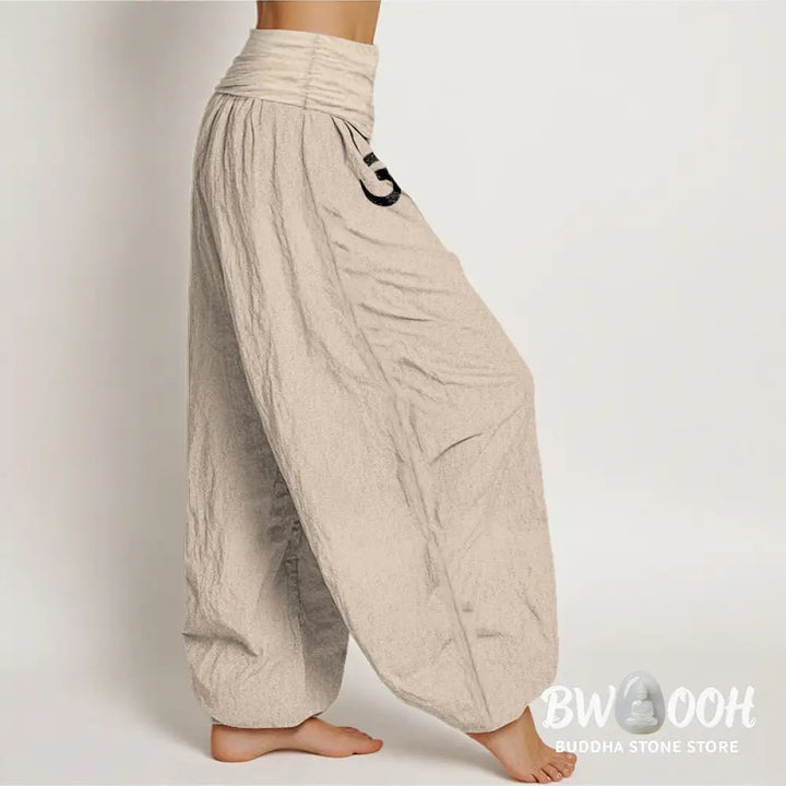 Buddha Stones Solid Color Pure Cotton Lotus Om Symbol Pattern Women’s Elastic Waist Harem Pants - Women’s Harem Pants