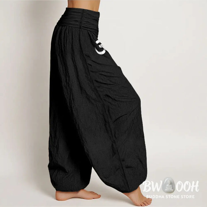 Buddha Stones Solid Color Pure Cotton Lotus Om Symbol Pattern Women’s Elastic Waist Harem Pants - Women’s Harem Pants