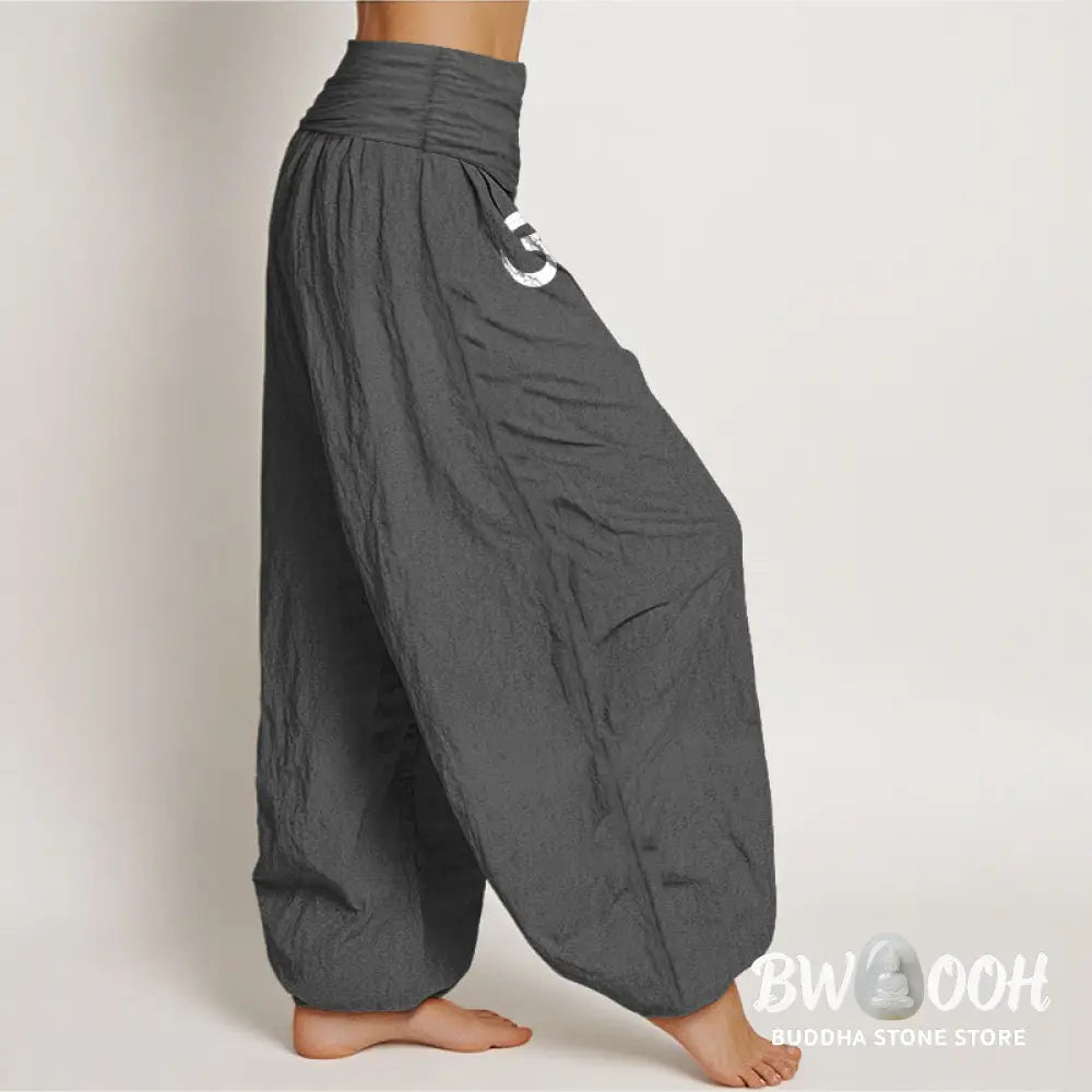 Buddha Stones Solid Color Pure Cotton Lotus Om Symbol Pattern Women’s Elastic Waist Harem Pants - Women’s Harem Pants
