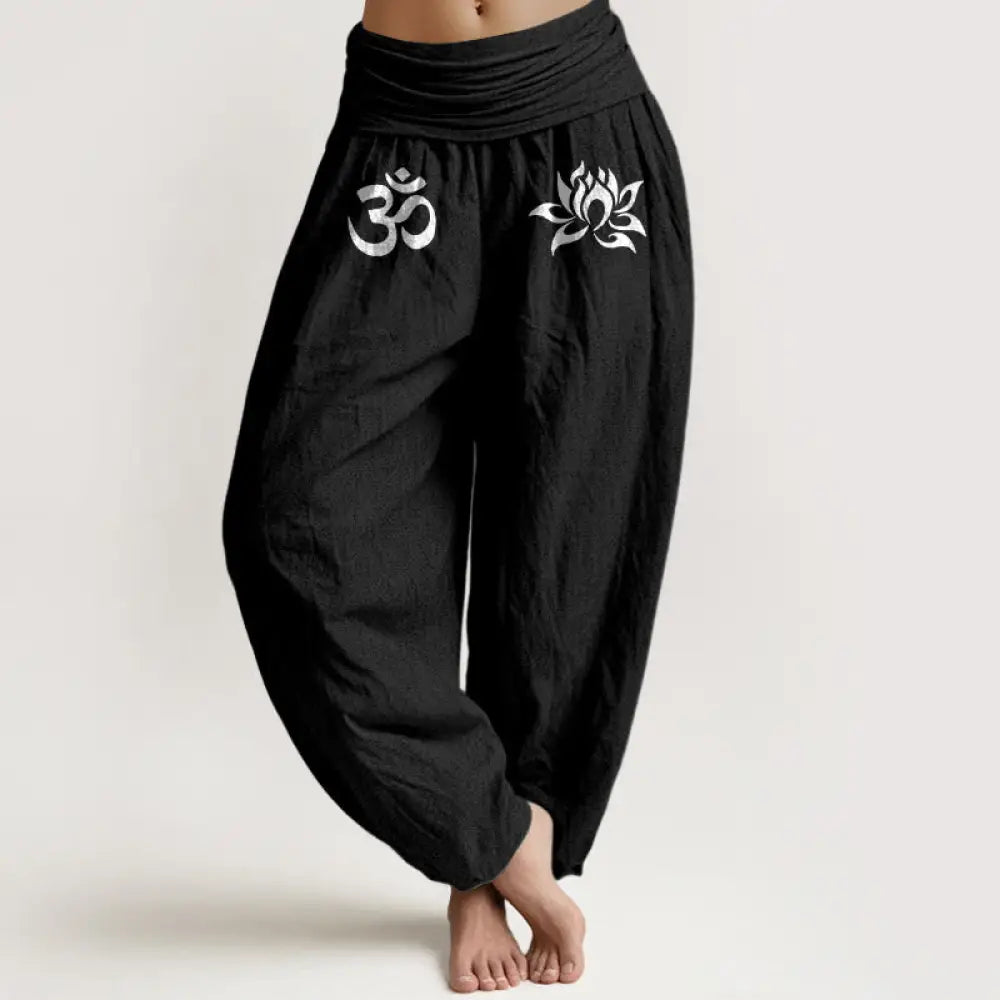 Buddha Stones Solid Color Pure Cotton Lotus Om Symbol Pattern Women’s Elastic Waist Harem Pants - Black