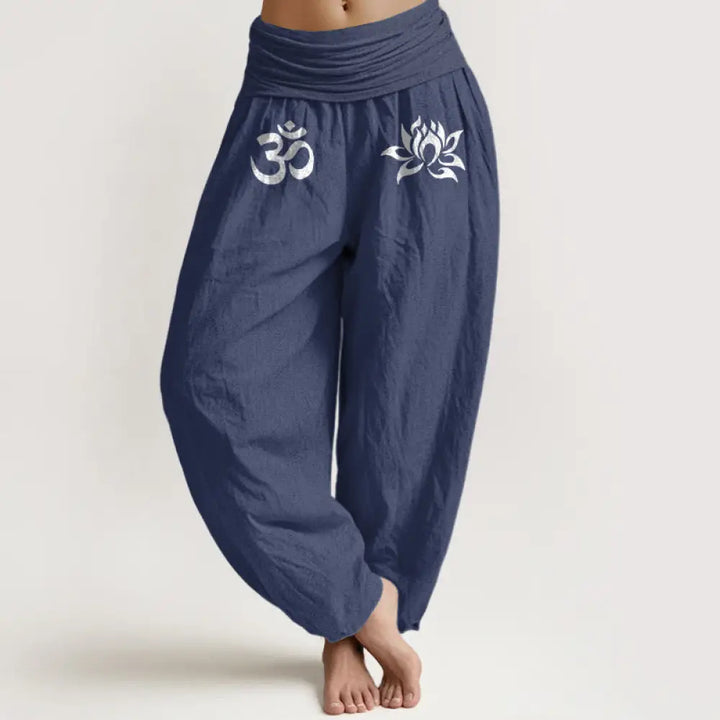 Buddha Stones Solid Color Pure Cotton Lotus Om Symbol Pattern Women’s Elastic Waist Harem Pants - DarkSlateBlue
