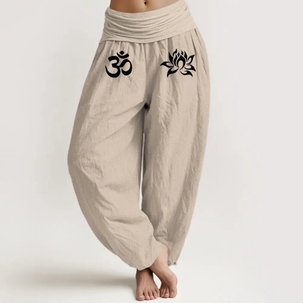 Buddha Stones Solid Color Pure Cotton Lotus Om Symbol Pattern Women’s Elastic Waist Harem Pants - Tan / US2，UK/AU6，EU34