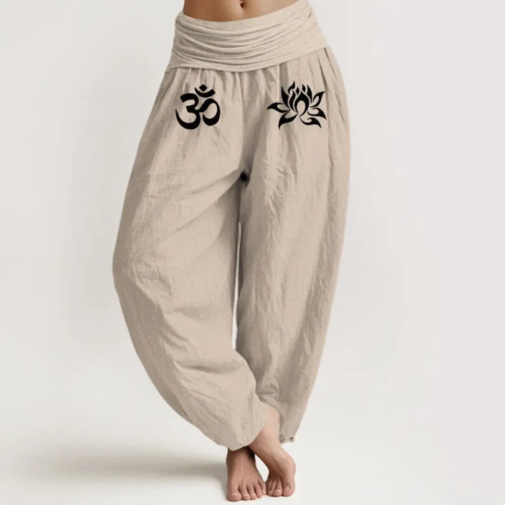Buddha Stones Solid Color Pure Cotton Lotus Om Symbol Pattern Women’s Elastic Waist Harem Pants - Tan / US2，UK/AU6，EU34