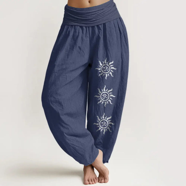 Buddha Stones Solid Color Pure Cotton Sun Om Symbol Pattern Women’s Elastic Waist Harem Pants - DarkSlateBlue