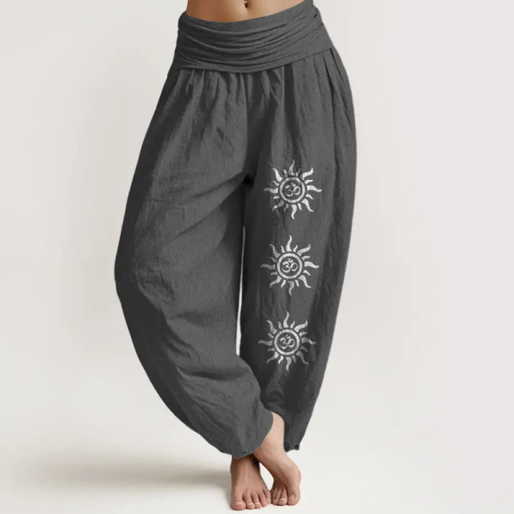 Buddha Stones Solid Color Pure Cotton Sun Om Symbol Pattern Women’s Elastic Waist Harem Pants - DimGray