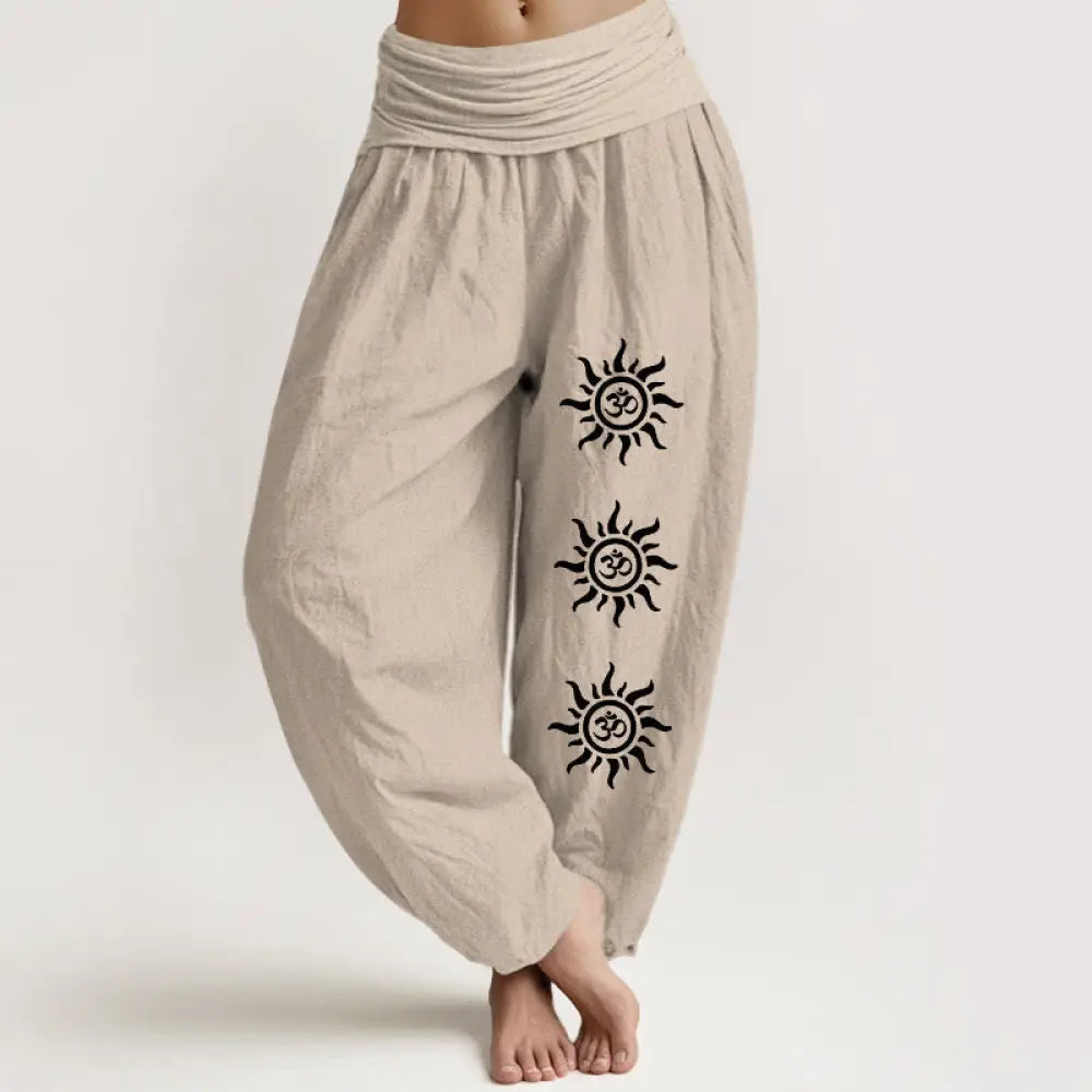 Buddha Stones Solid Color Pure Cotton Sun Om Symbol Pattern Women’s Elastic Waist Harem Pants - Tan / US2，UK/AU6，EU34