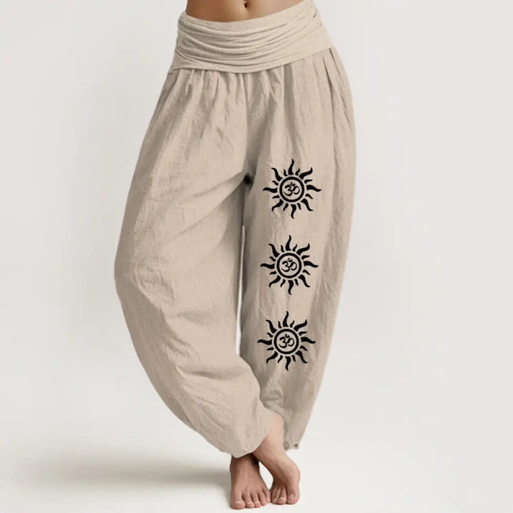 Buddha Stones Solid Color Pure Cotton Sun Om Symbol Pattern Women’s Elastic Waist Harem Pants - Tan / US2，UK/AU6，EU34