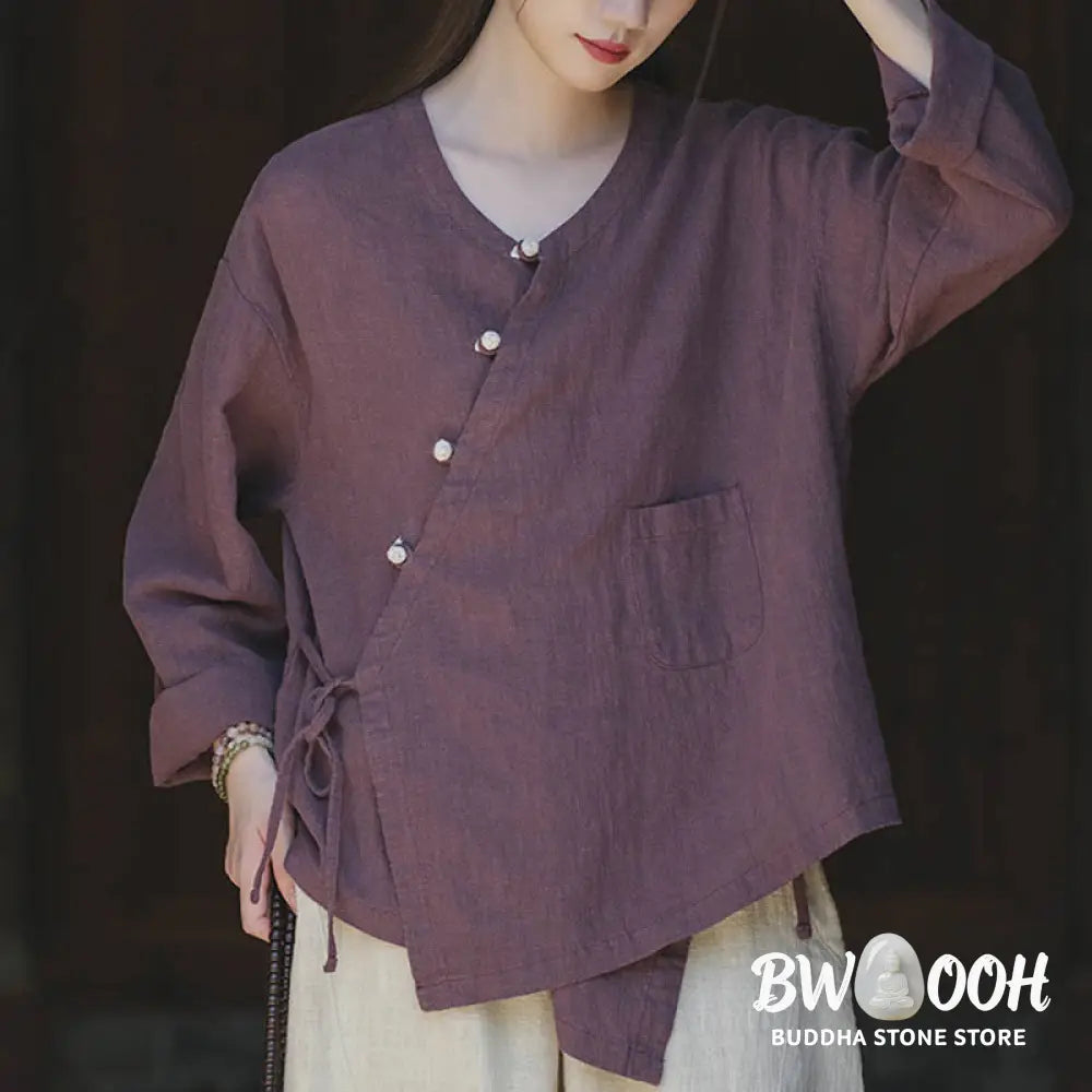 Buddha Stones Solid Color Ramie Linen Loose Blouse Long Sleeve Shirt Chinese Hanfu Top - Long Sleeve Shirt