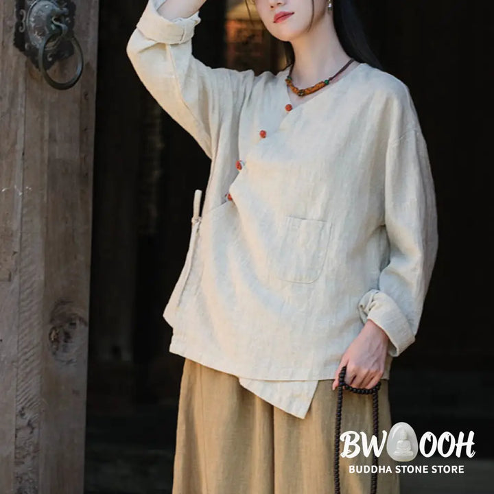 Buddha Stones Solid Color Ramie Linen Loose Blouse Long Sleeve Shirt Chinese Hanfu Top - Long Sleeve Shirt