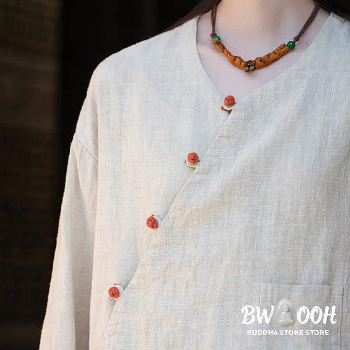 Buddha Stones Solid Color Ramie Linen Loose Blouse Long Sleeve Shirt Chinese Hanfu Top - Long Sleeve Shirt