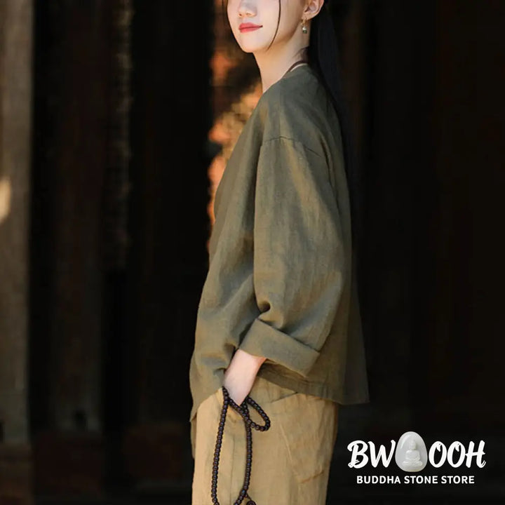 Buddha Stones Solid Color Ramie Linen Loose Blouse Long Sleeve Shirt Chinese Hanfu Top - Long Sleeve Shirt