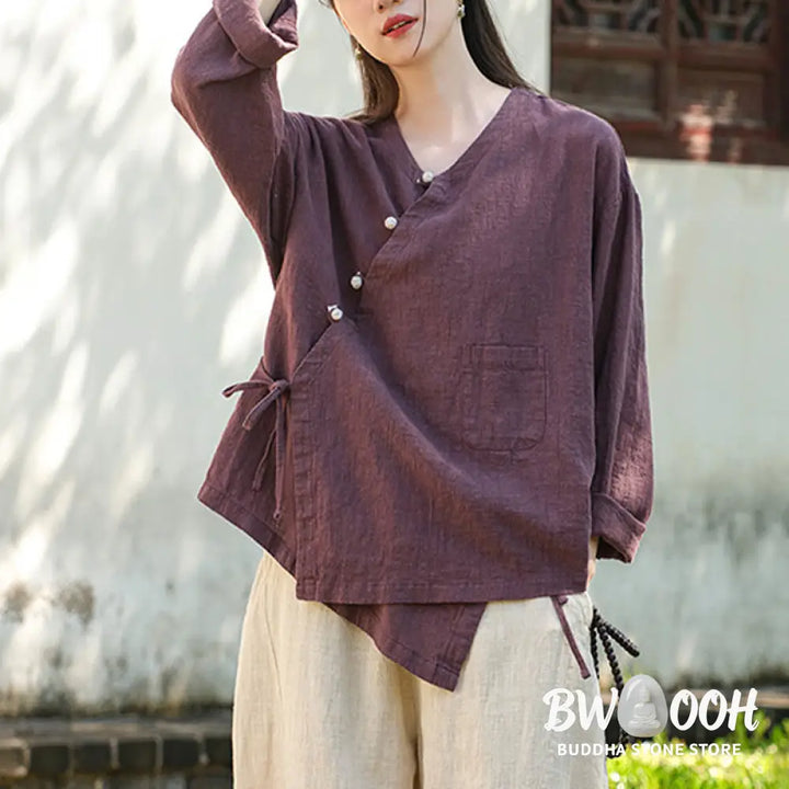 Buddha Stones Solid Color Ramie Linen Loose Blouse Long Sleeve Shirt Chinese Hanfu Top - Long Sleeve Shirt